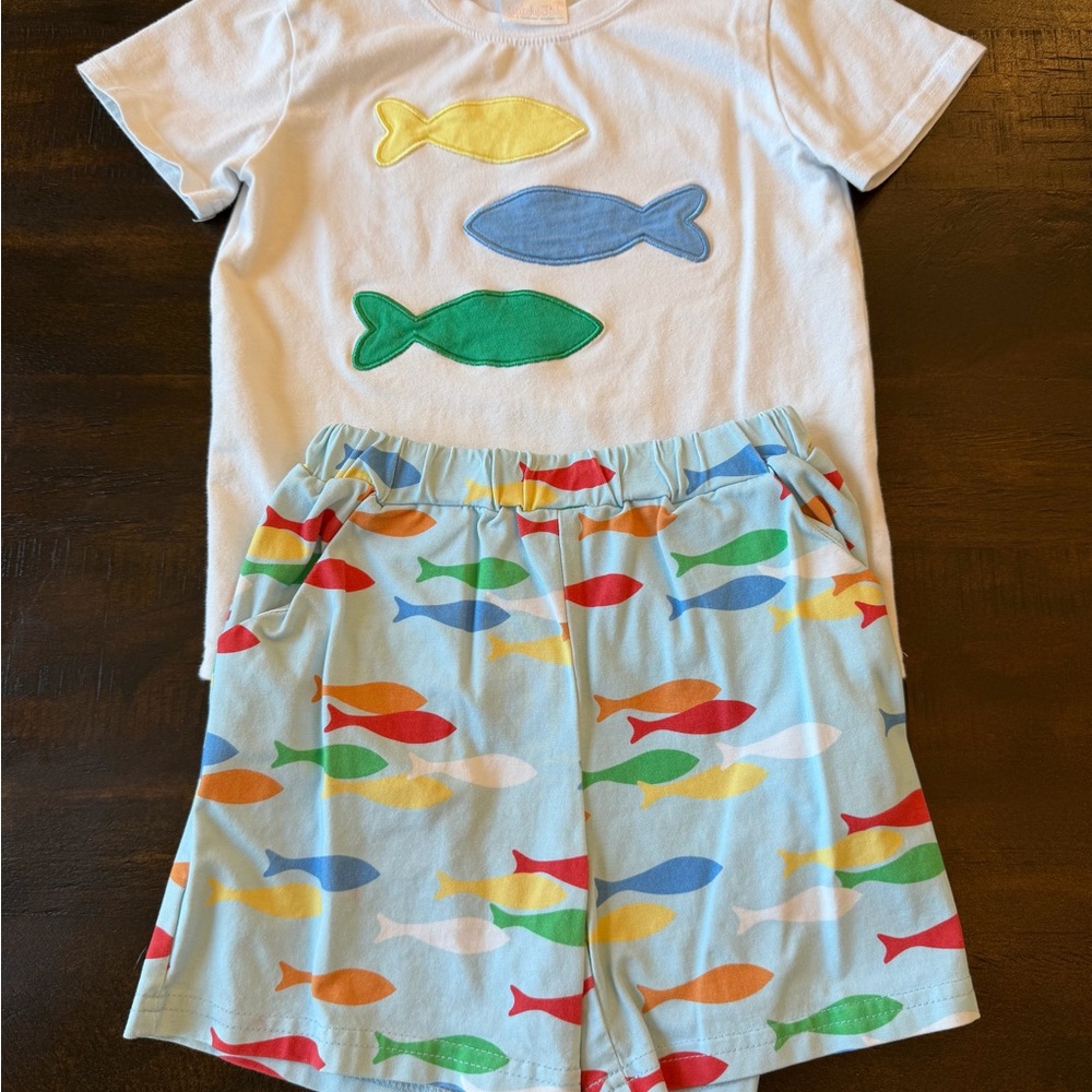 Kids Fish Print Matching Set - White Tee & Light Blue Shorts